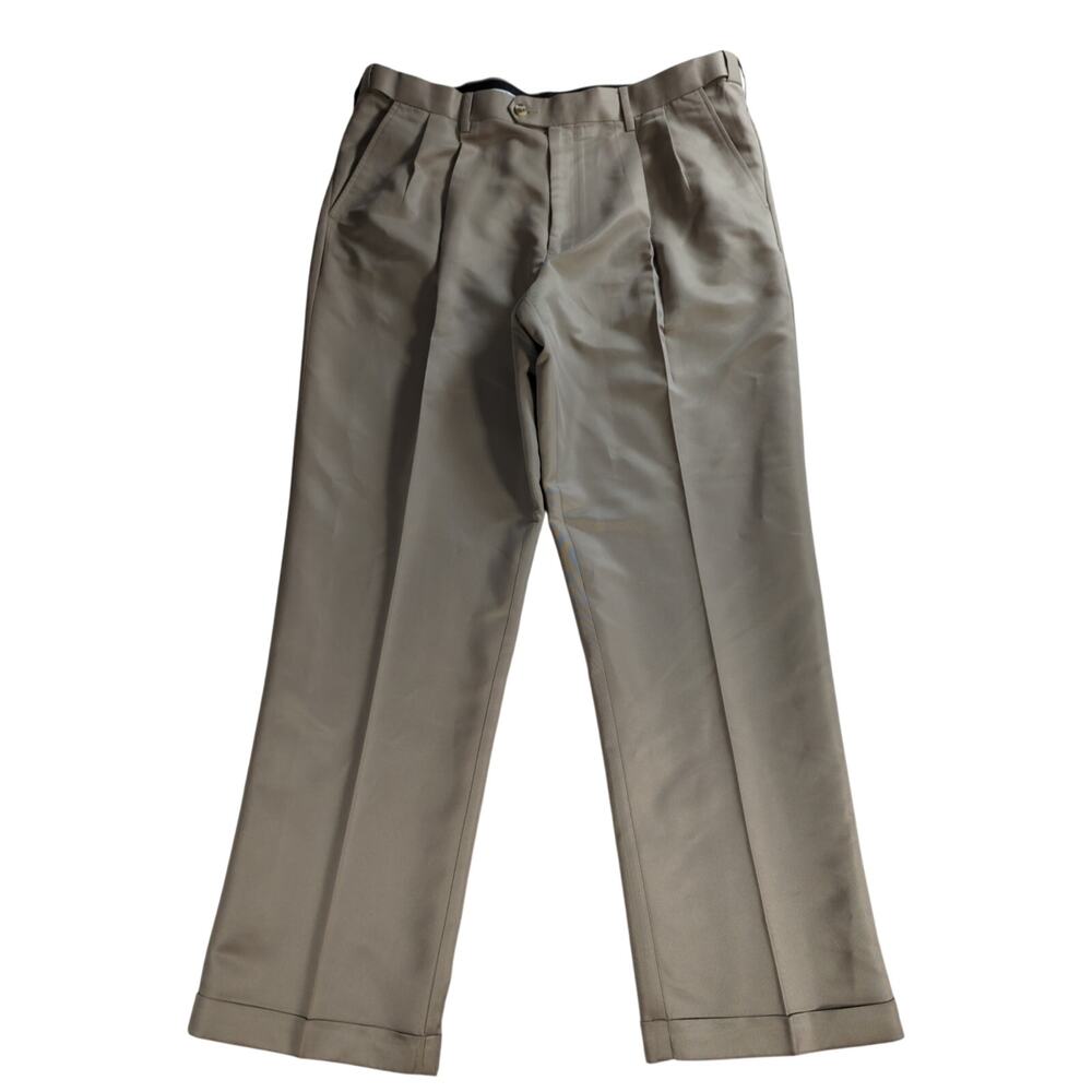 Perry Ellis Mens Pants 38x32 Khaki Dress Slacks 100 Polyester Pleated Front